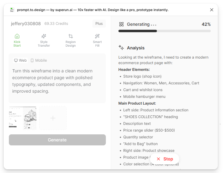 AI analysis converting wireframe to high fidelity