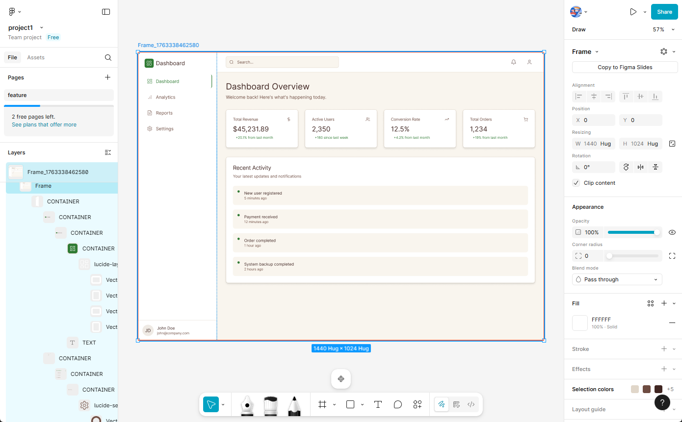 Insert generated layout into Figma as an editable frame