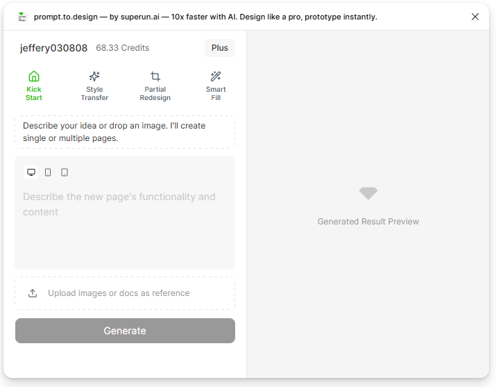 Open prompt.to.design and select Kick Start tab