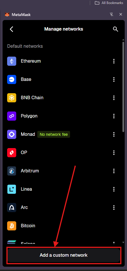 MetaMask Manage networks list with the Add a custom network button at the bottom