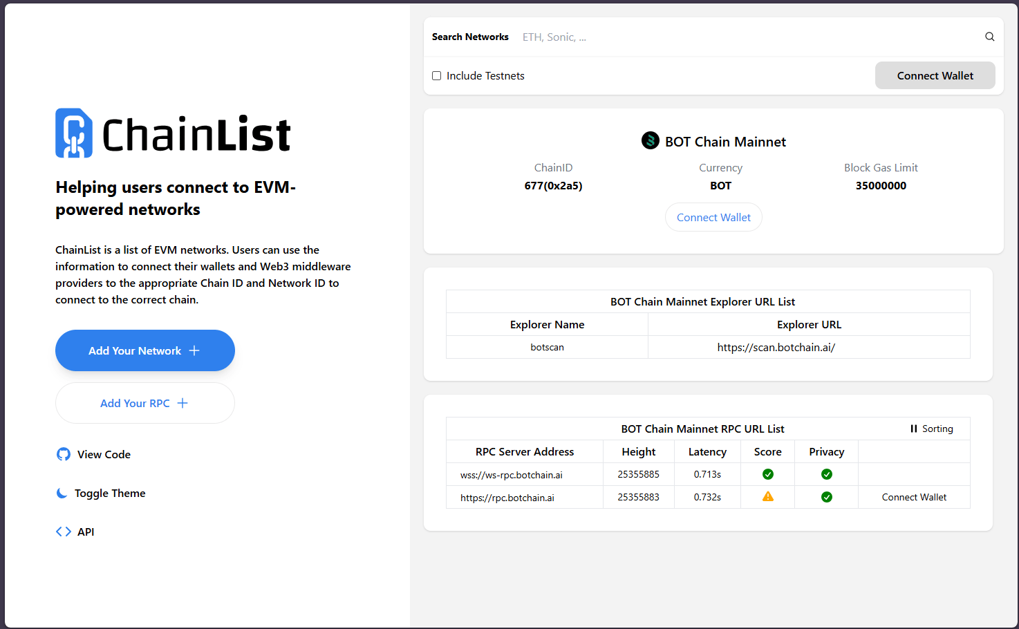 Chainlist page for BOT Chain Mainnet showing chain ID 677, currency BOT, explorer scan.botchain.ai and the RPC list