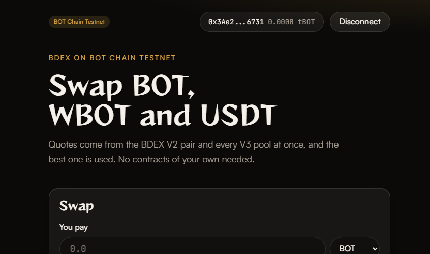 The DEX integration swap widget on BOT Chain testnet, connected to a wallet, with a Swap card for BOT, WBOT and USDT