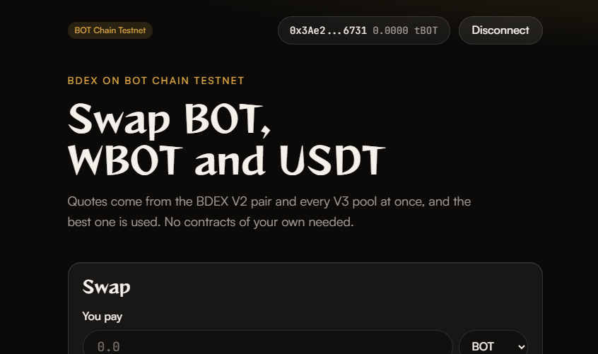 The DEX integration swap widget on BOT Chain testnet, connected to a wallet, with a Swap card for BOT, WBOT and USDT