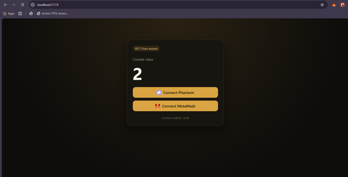 The counter page before connecting, showing the counter value 2 and two buttons, Connect Phantom and Connect MetaMask