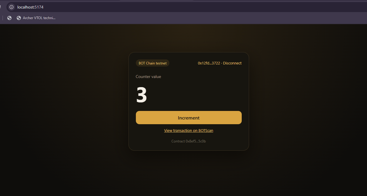 The counter page connected to a wallet on BOT Chain testnet, showing the counter value 3, the Increment button and a View transaction on BOTScan link