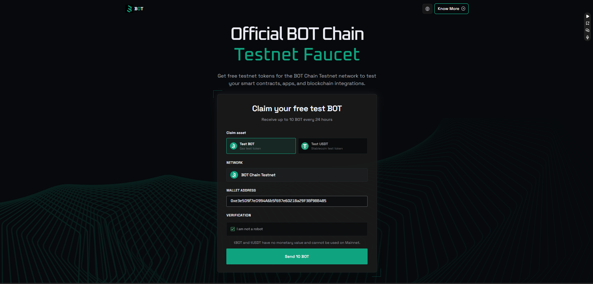 BOT Chain testnet faucet with Test BOT selected, the BOT Chain Testnet network, a wallet address, the verification check and the Send 10 BOT button