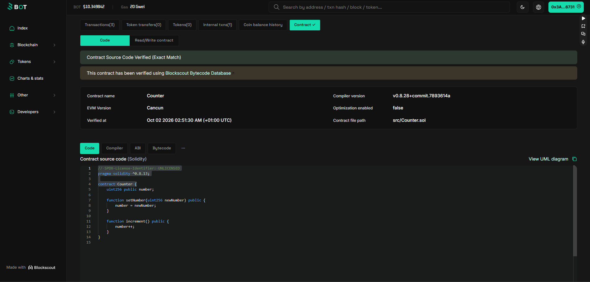 BOTScan testnet Contract tab for the Counter contract, showing Contract Source Code Verified (Exact Match) and the Solidity source