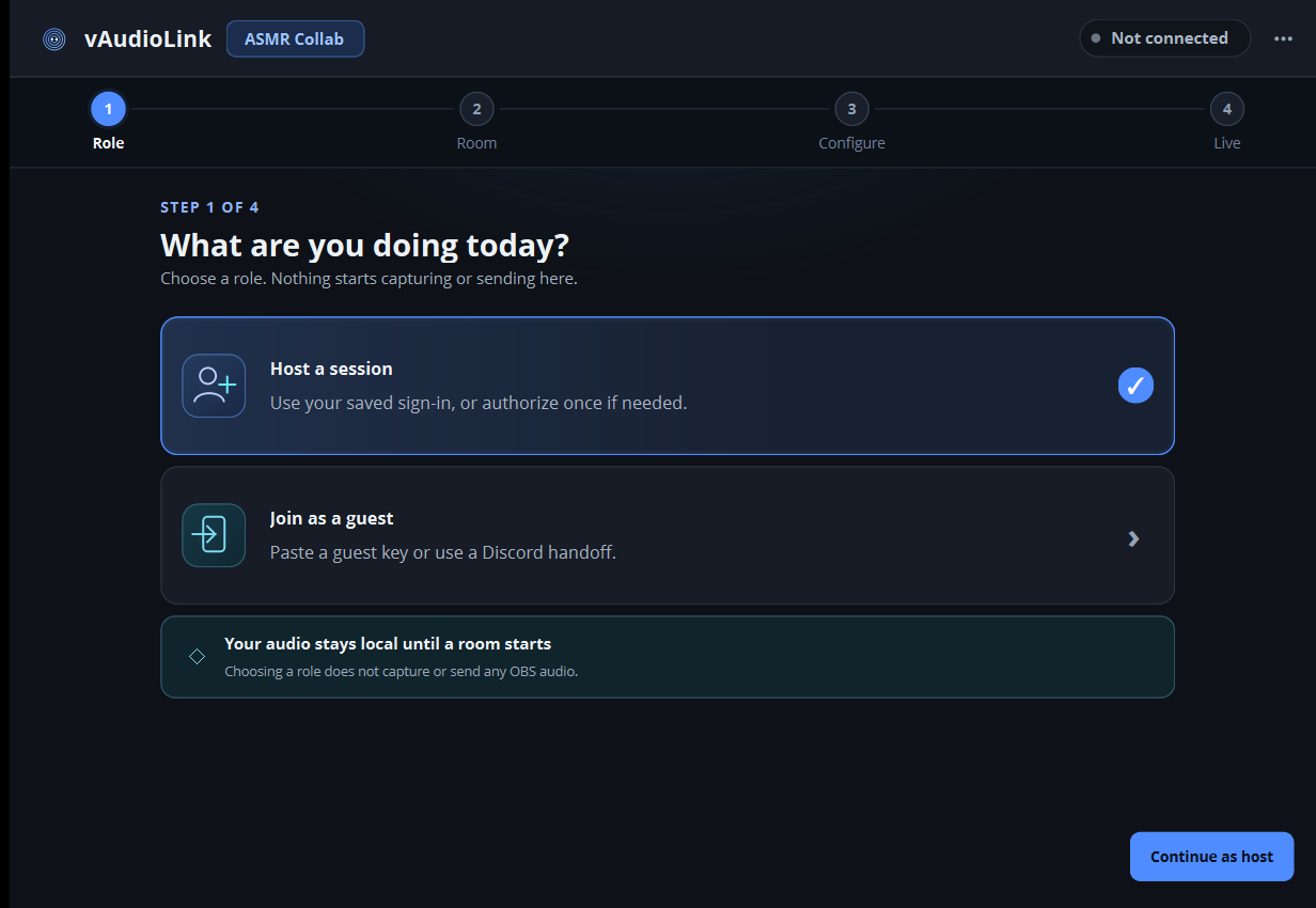 ASMR Collab Role page showing Host a session selected and Join as a guest