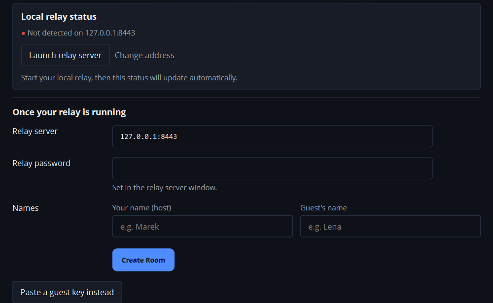 ASMR Collab self-host panel showing local relay status, relay address, password, names, and room actions