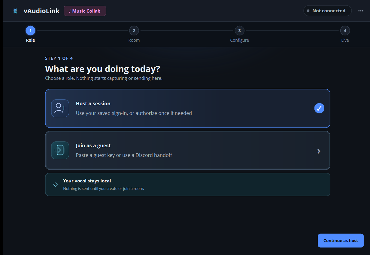 Music Collab Role page showing Host a session selected and Join as a guest