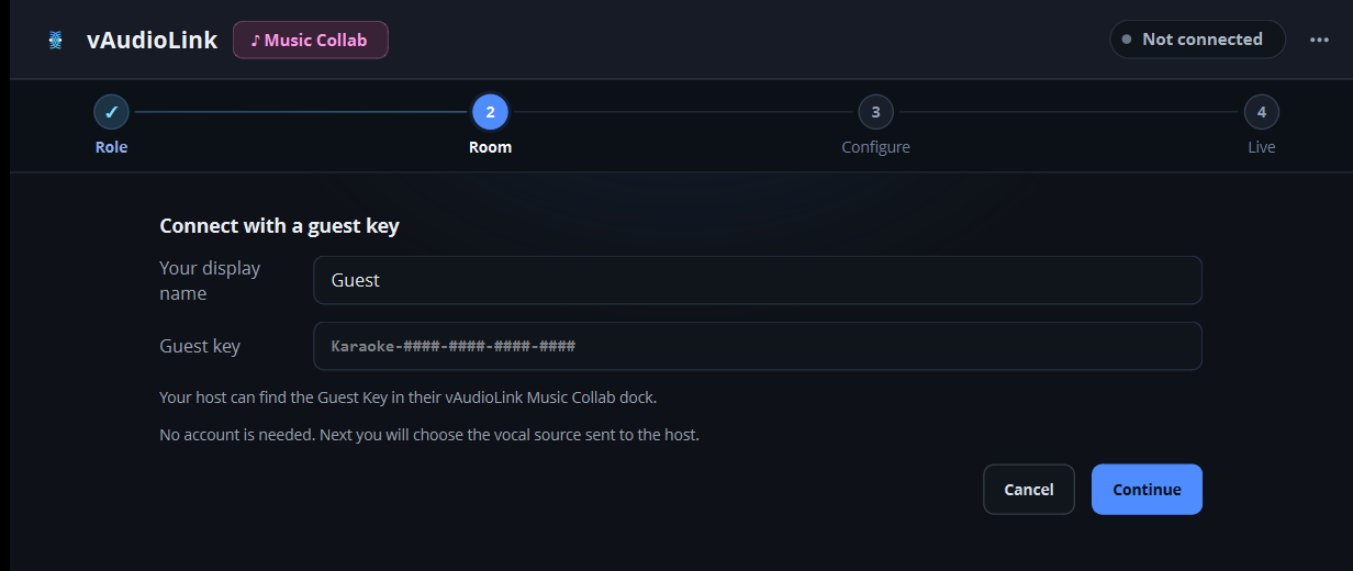 Music Collab guest form showing the display-name field and Karaoke guest-key format