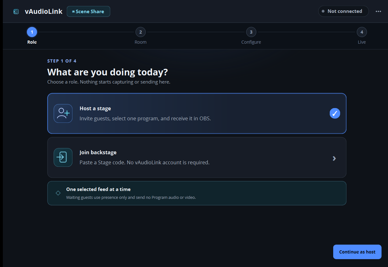 Scene Share Role page showing Host a stage selected and Join backstage