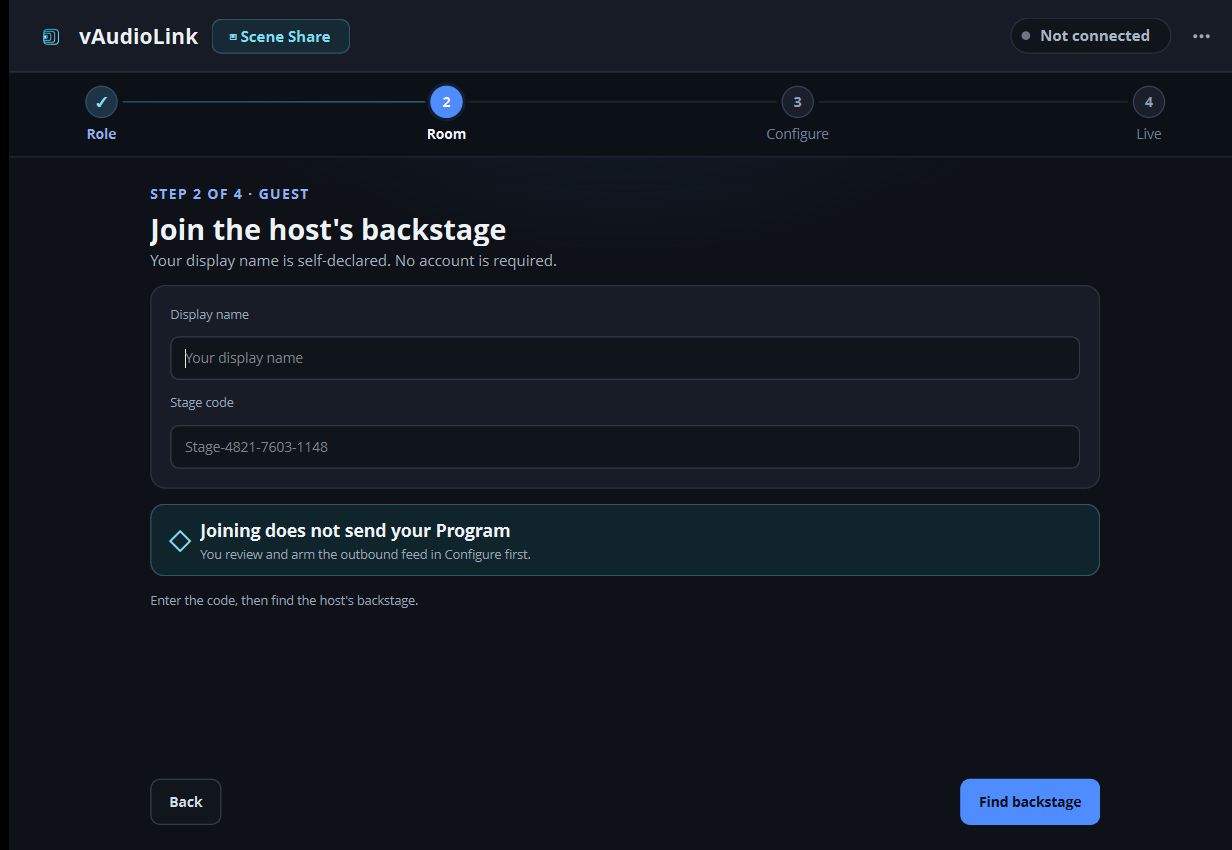 Scene Share guest Room page with empty display-name and Stage-code fields