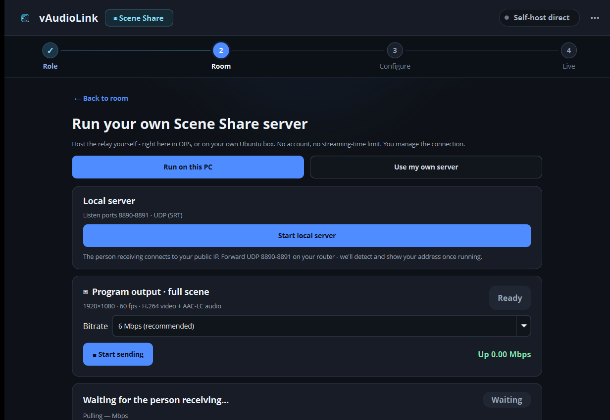 Scene Share self-host-direct page with local server, Program output, bitrate, and receiver-waiting controls