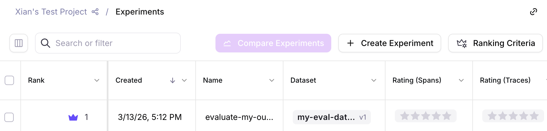 Create Experiment button