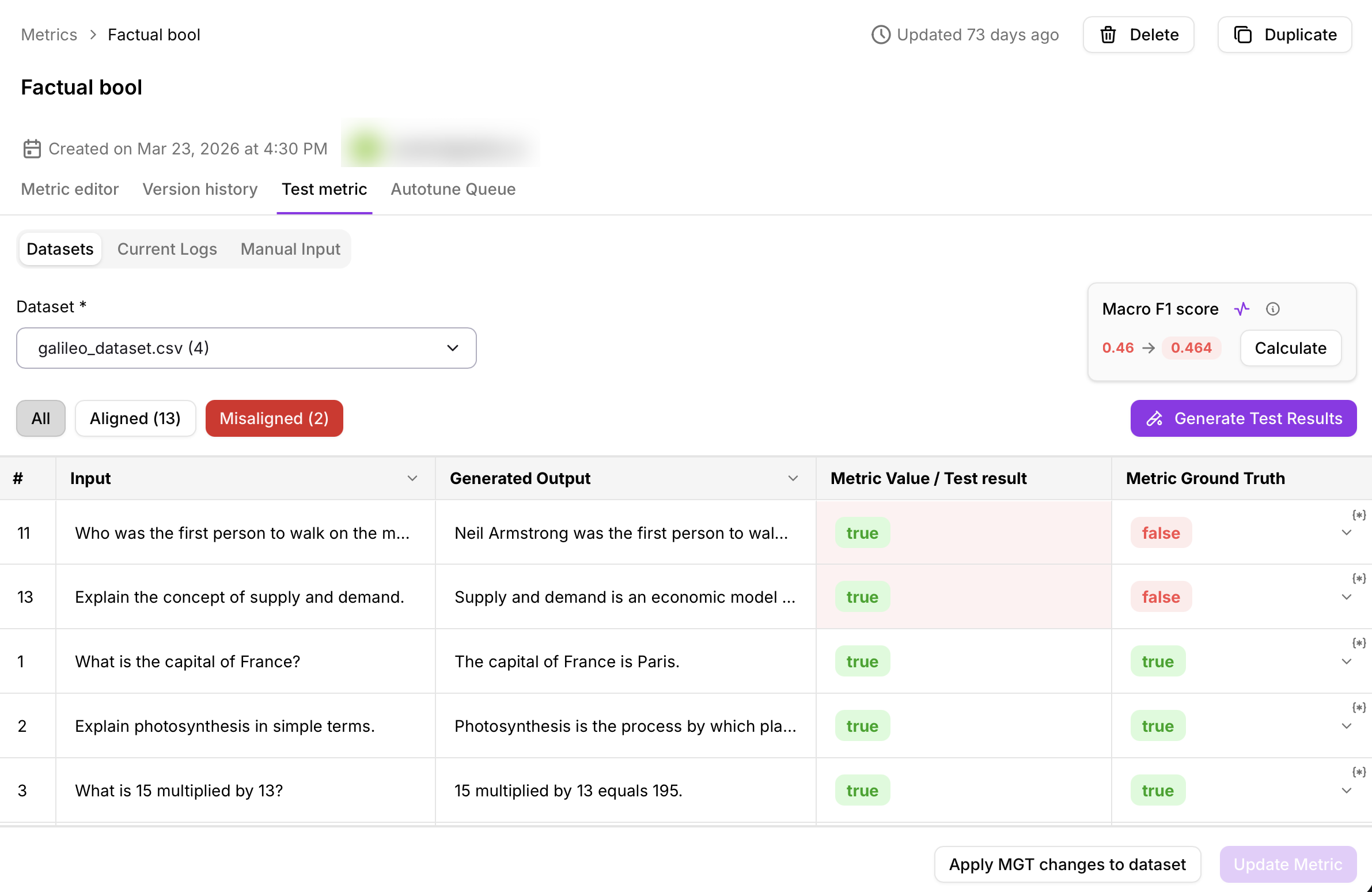 Test metrics using datasets screenshot