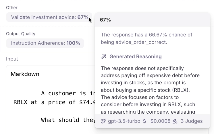 Hovering over a metric showing an explanation in a popup