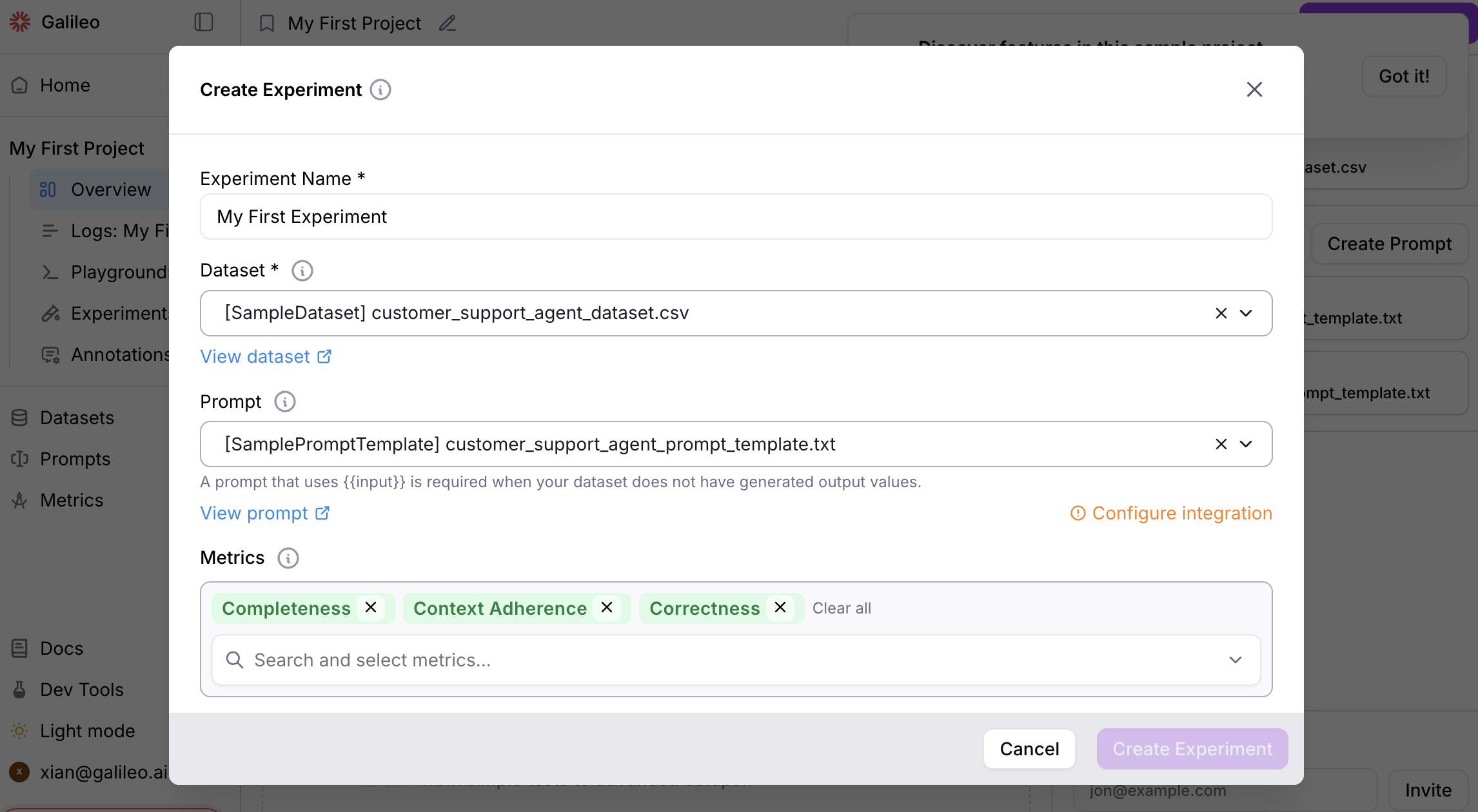 Create Experiment modal