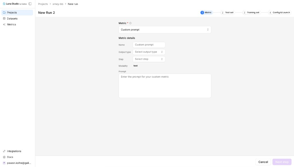 Custom metric in the run creation flow