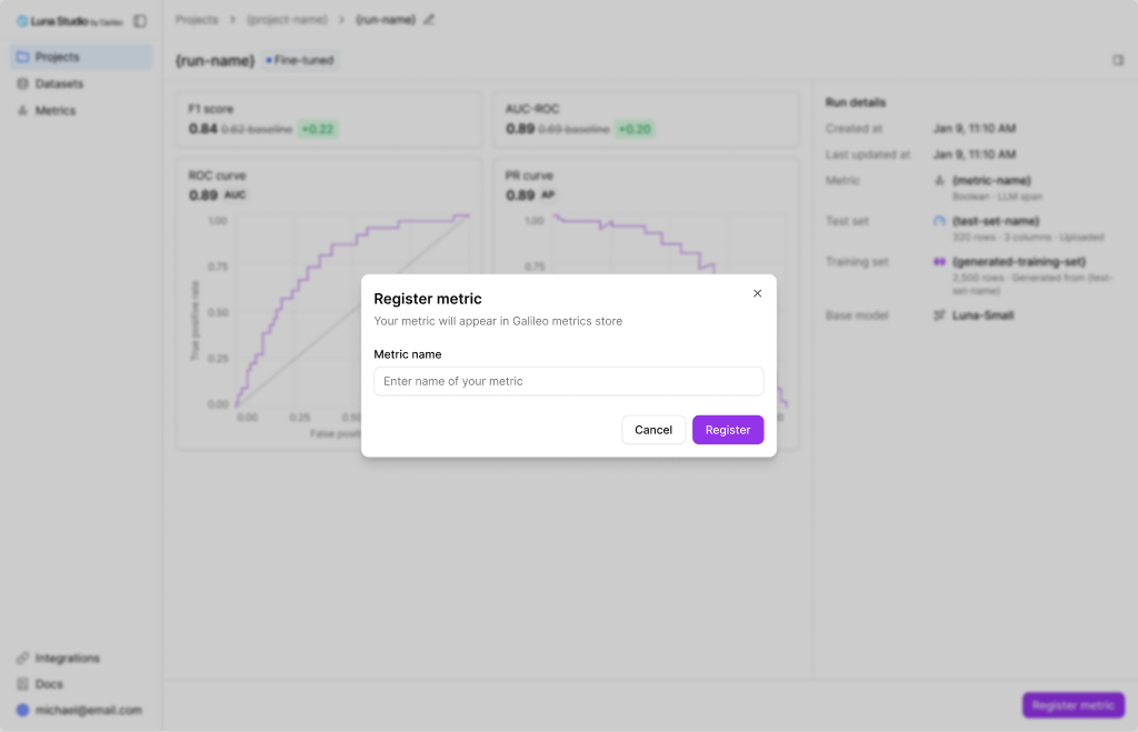 Register metric modal