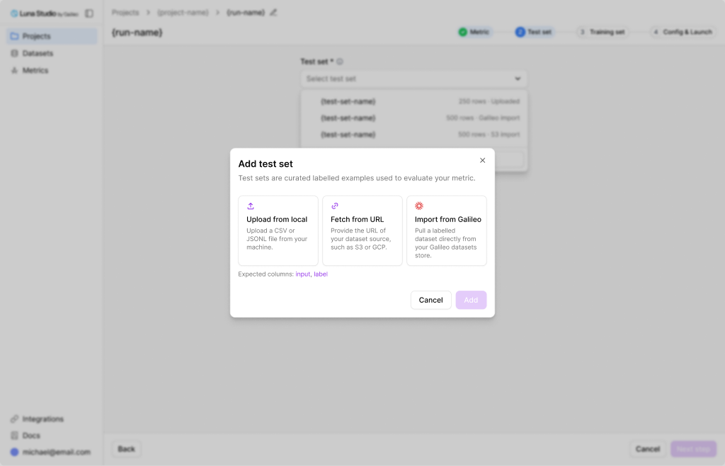 Add test set modal