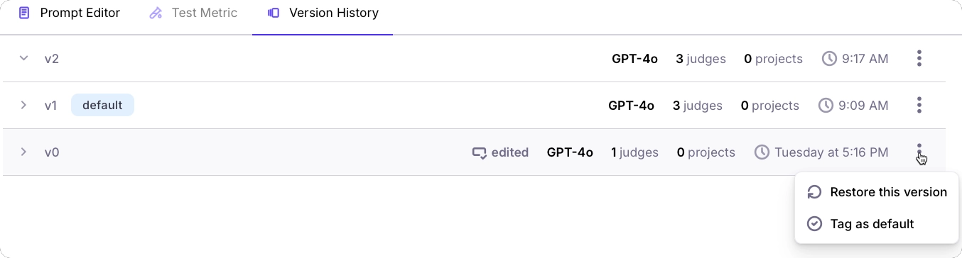 The version history item menu with options to restore this version or tag as default