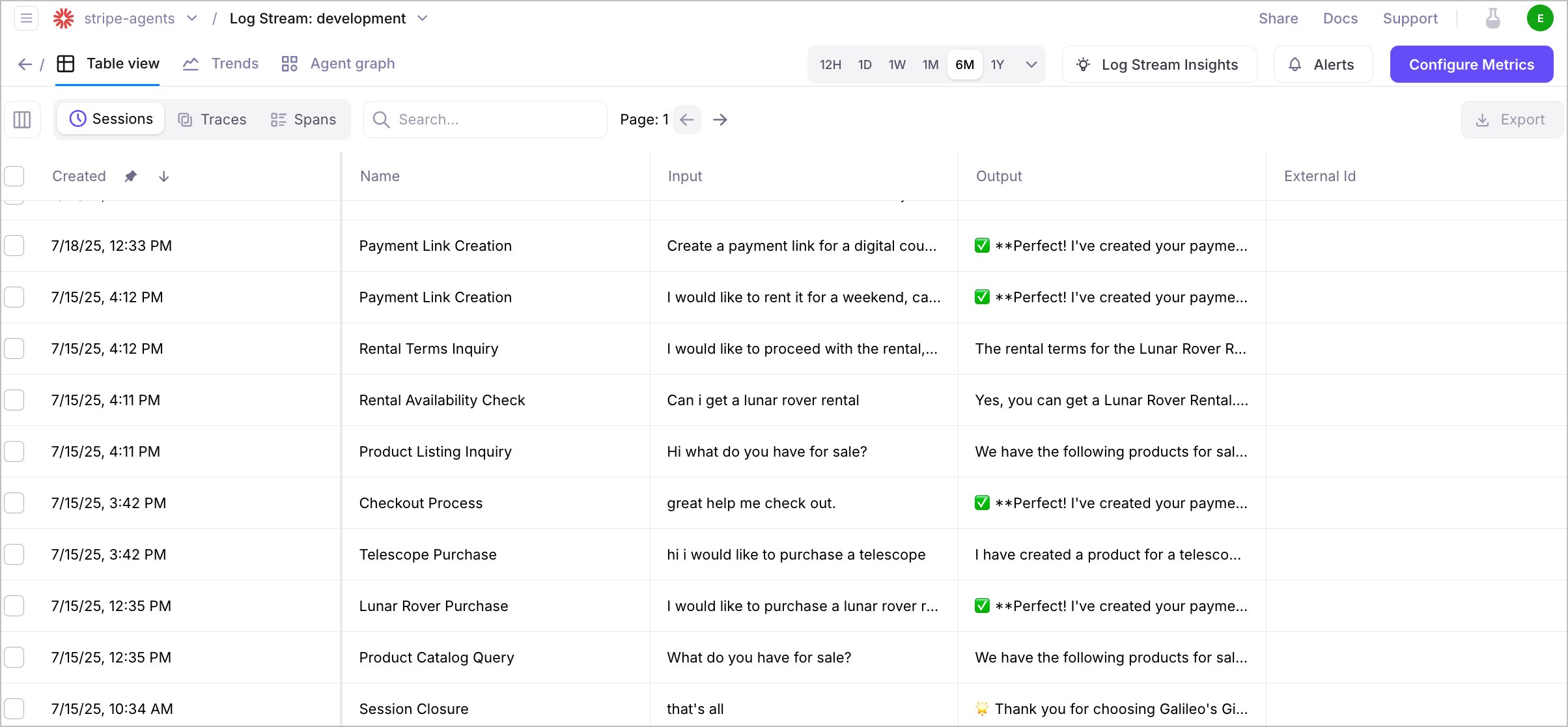 Stripe Agent Log stream