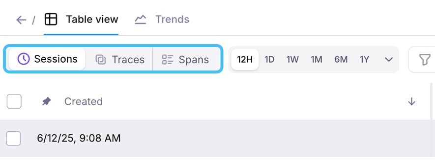 Event-group controls for selecting Session, Trace, or Span granularity