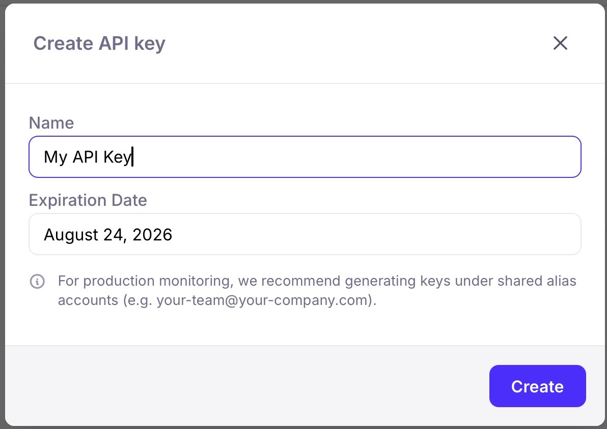 The create API key dialog