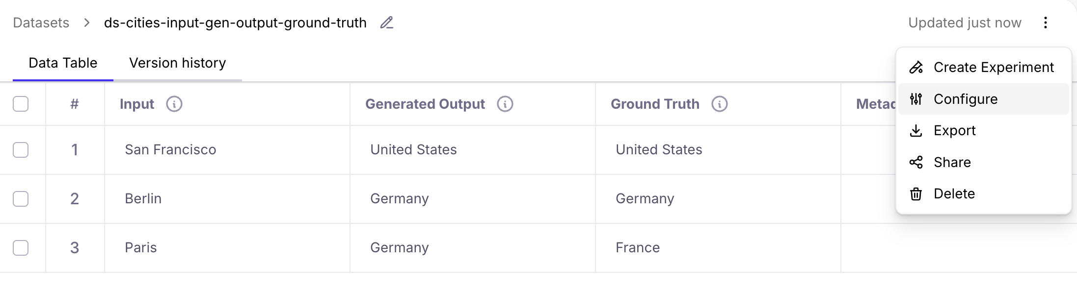 Configuring dataset menu