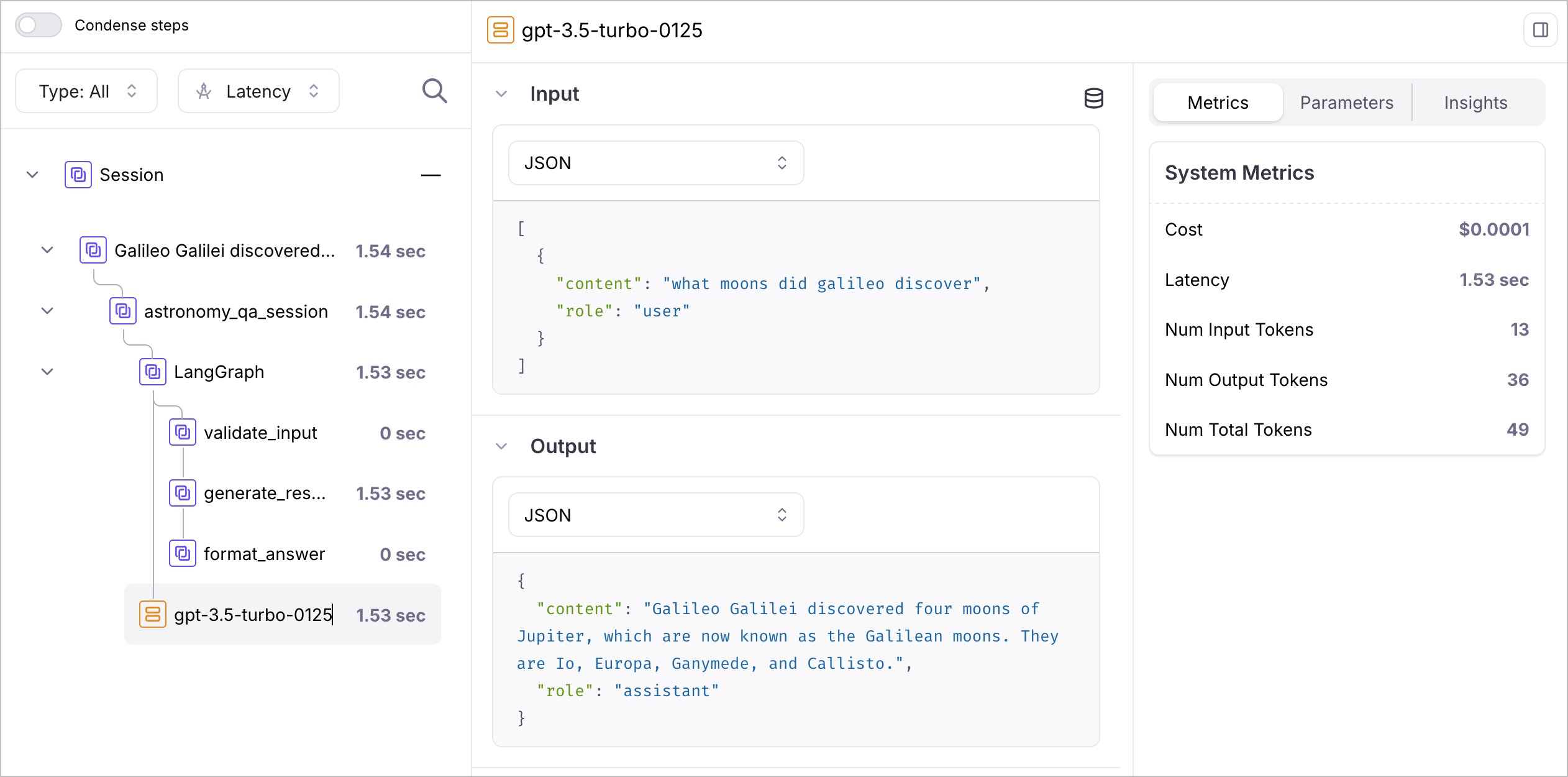 Galileo dashboard showing OpenTelemetry conversation view with detailed LLM call breakdowns and token usage