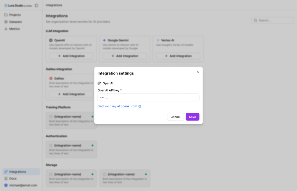 Standard integration modal