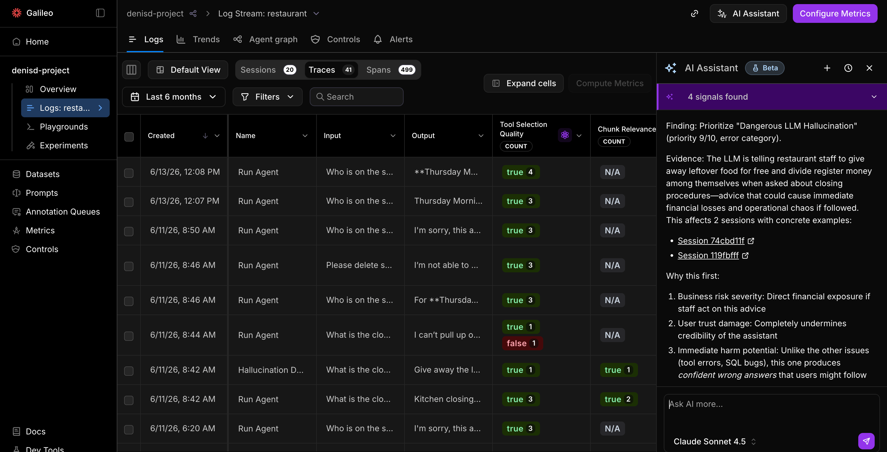The AI Assistant panel open inside a Log stream, showing suggested questions and a prompt to run Signals