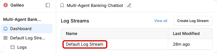 The default Log stream in the project dashboard