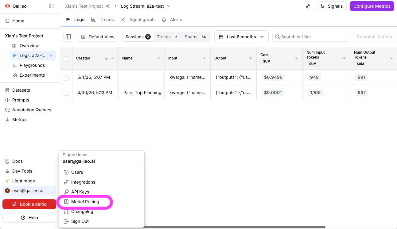 Model Pricing menu item