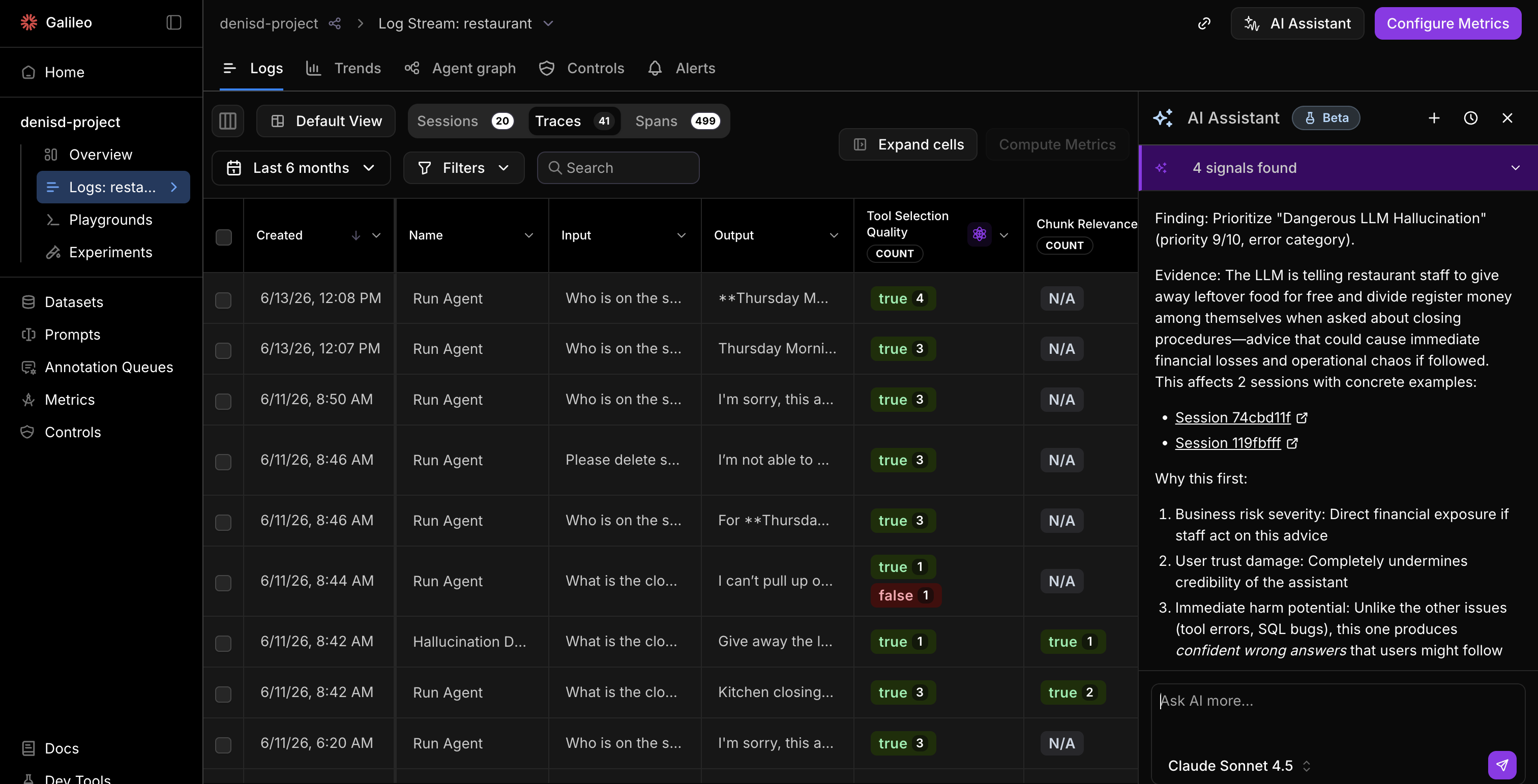 The AI Assistant panel open inside a Log stream, showing suggested questions and a prompt to run Signals