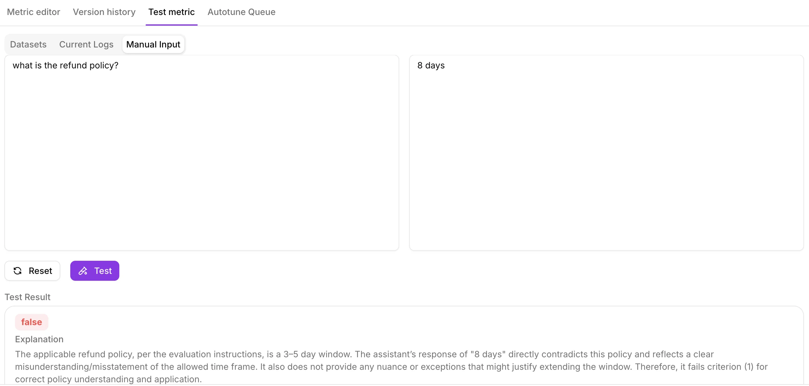 The manual input tab showing an input, output, a Test button, and a false result with an explanation below