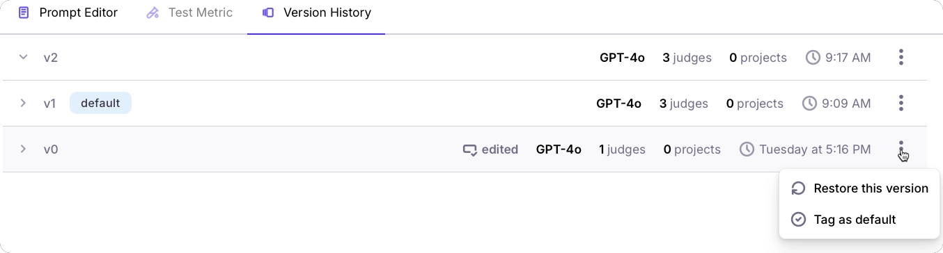 The version history item menu with options to restore this version or tag as default