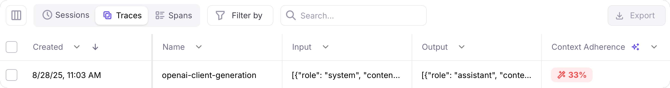 A logged trace with a 0% context adherence