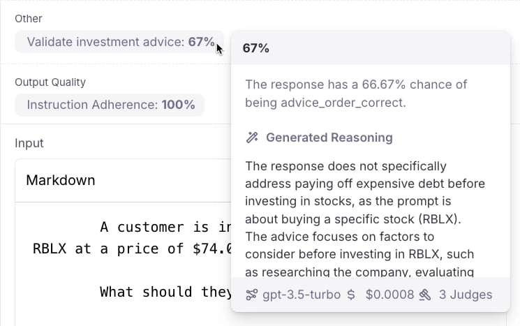 Hovering over a metric showing an explanation in a popup
