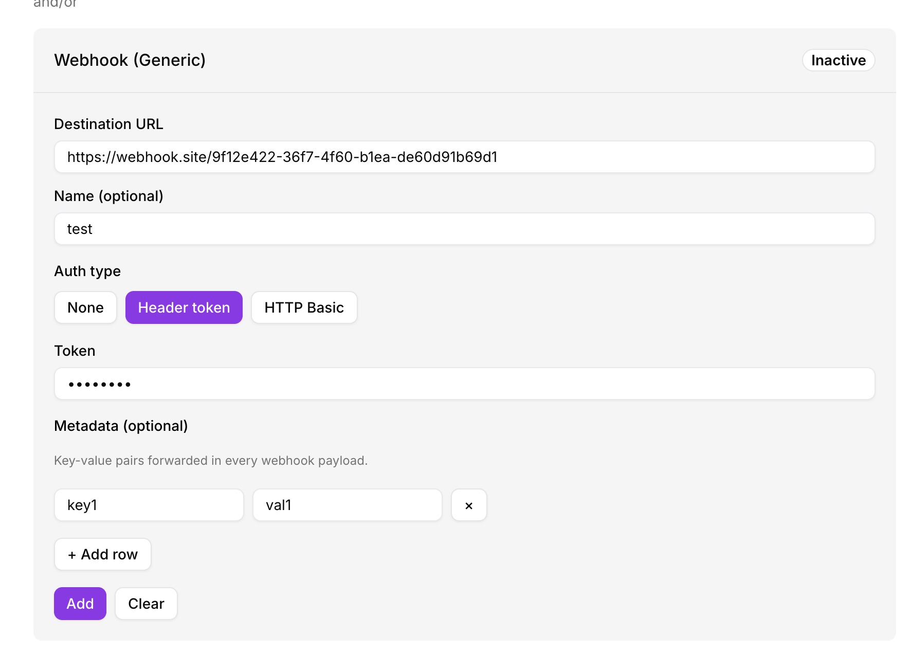 Generic webhook notification — inactive state