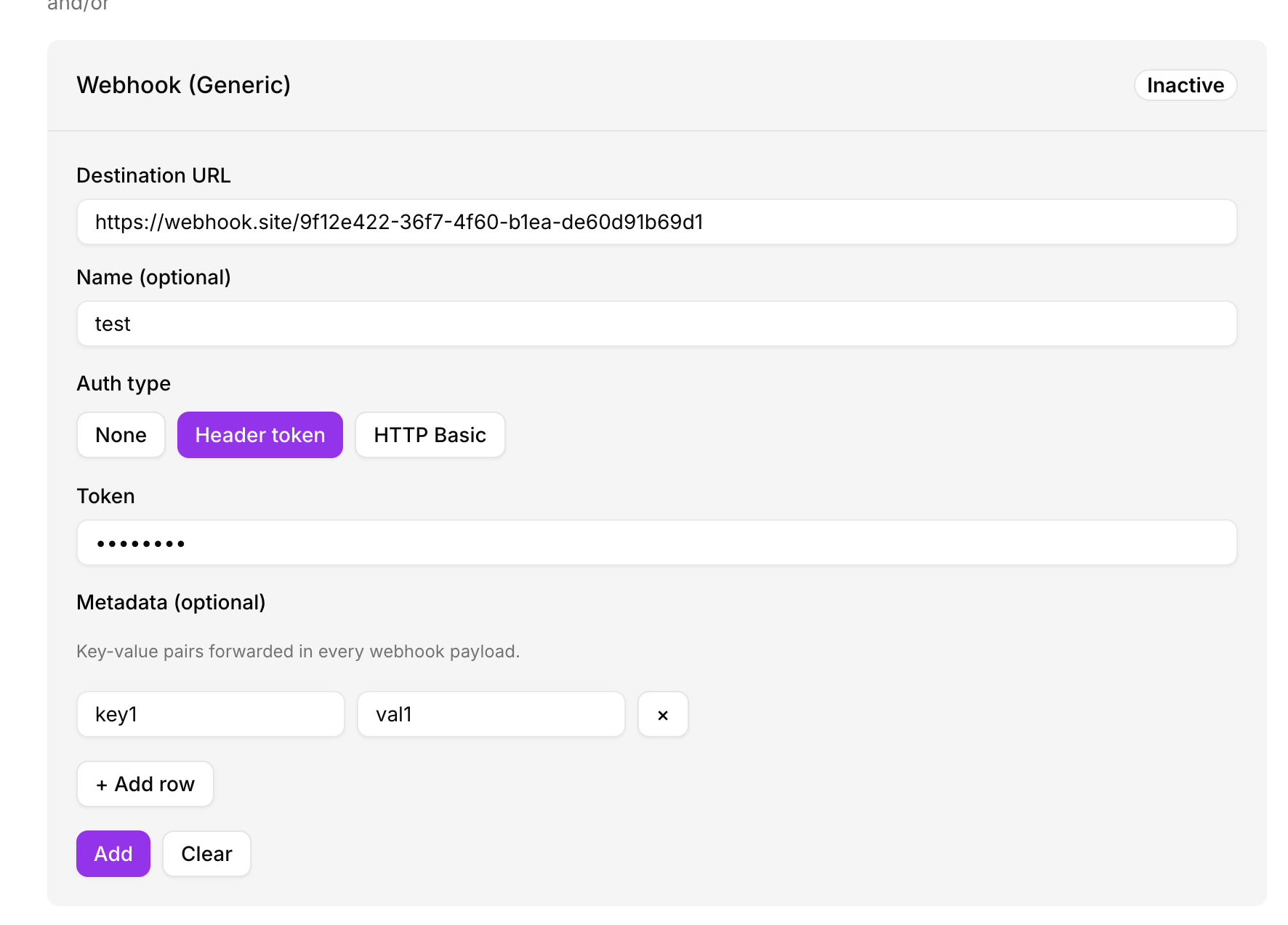 Generic webhook notification — inactive state