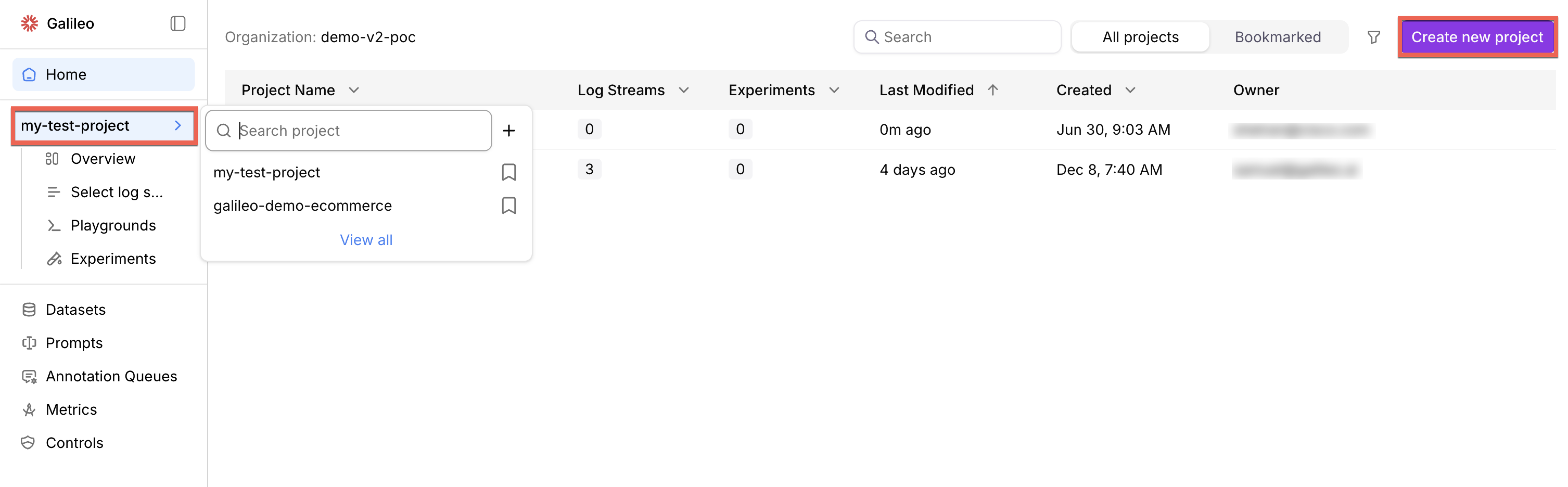 Select or create a project