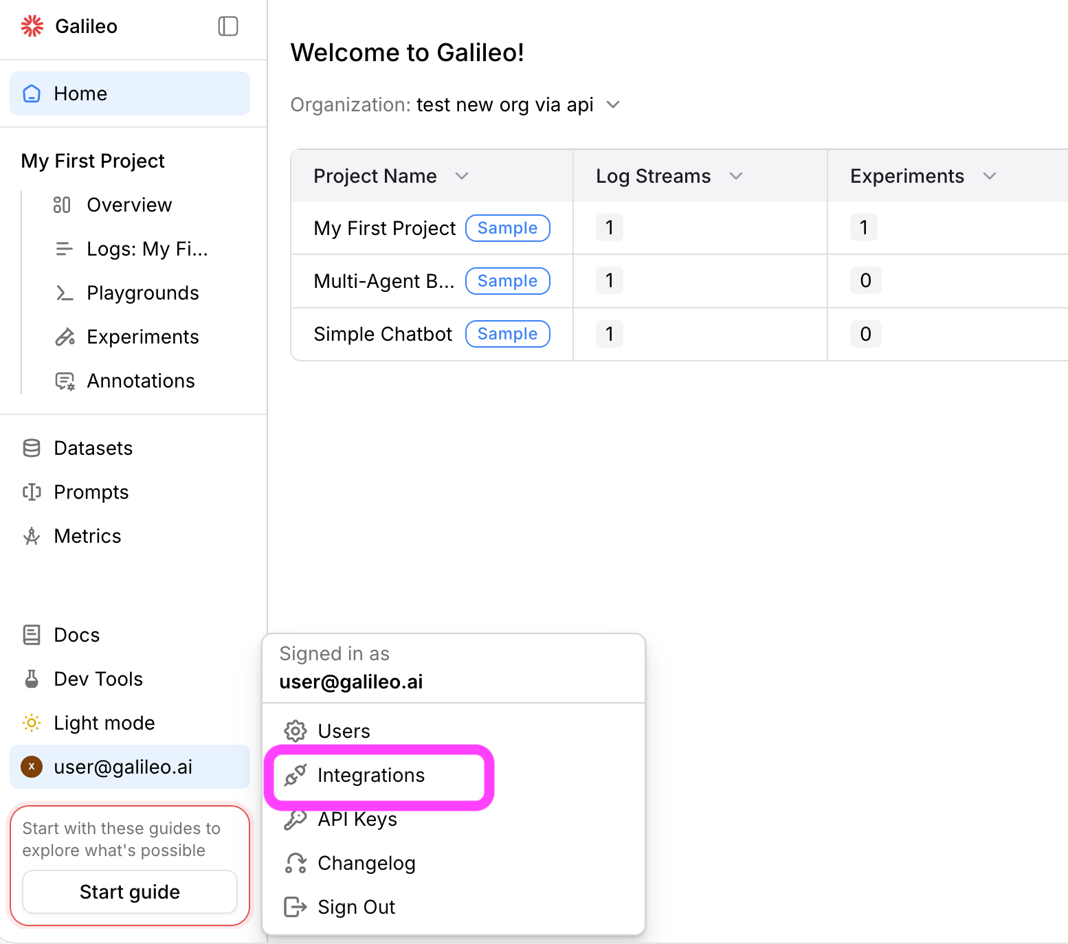 Integrations user menu