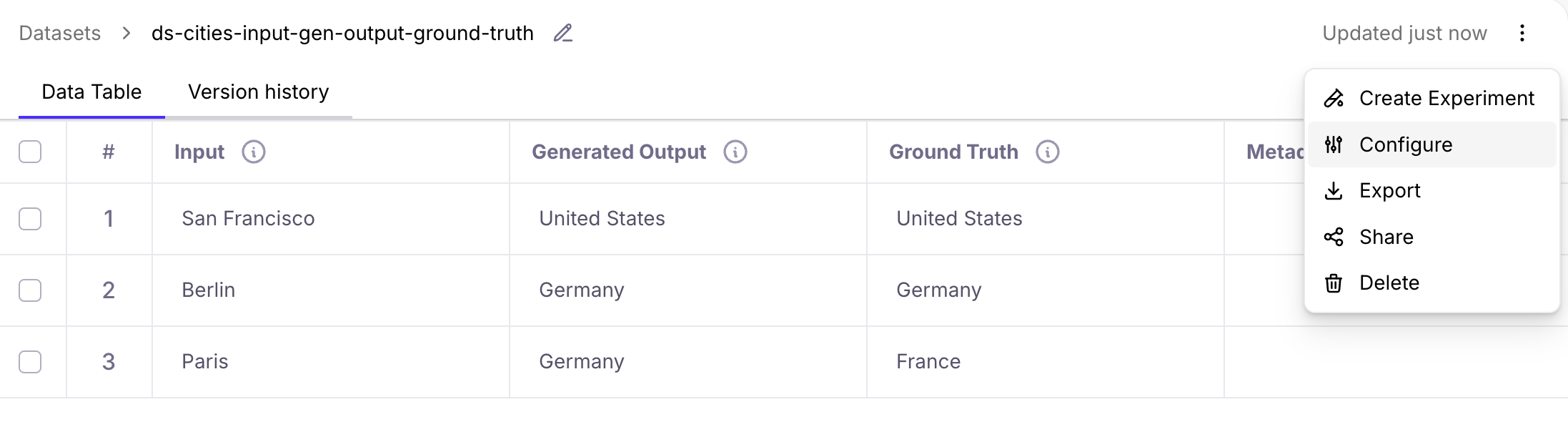Configuring dataset menu