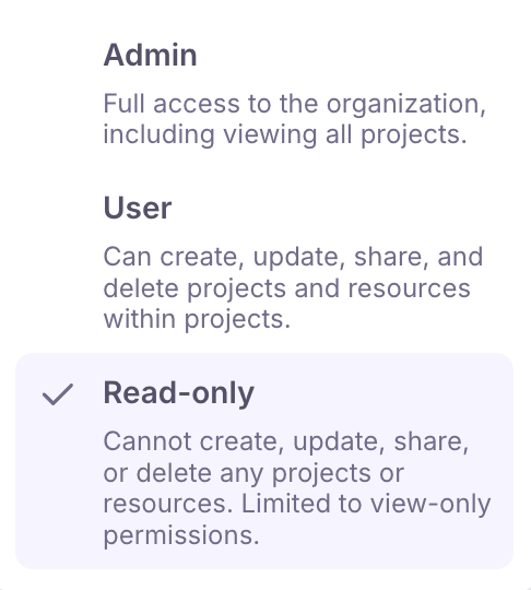The user types selection, admin, user, read only
