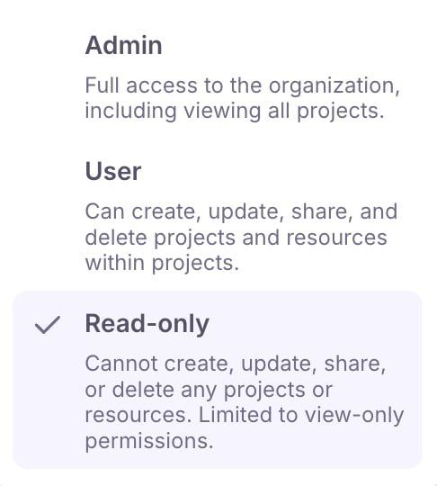 The user types selection, admin, user, read only