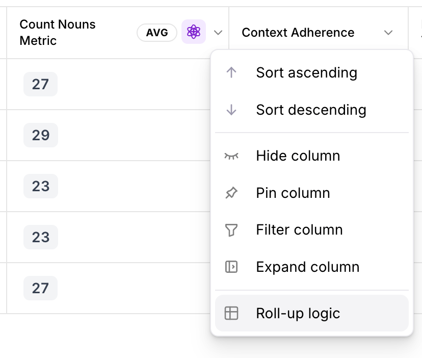 Metric roll-up logic menu item (existing metric)