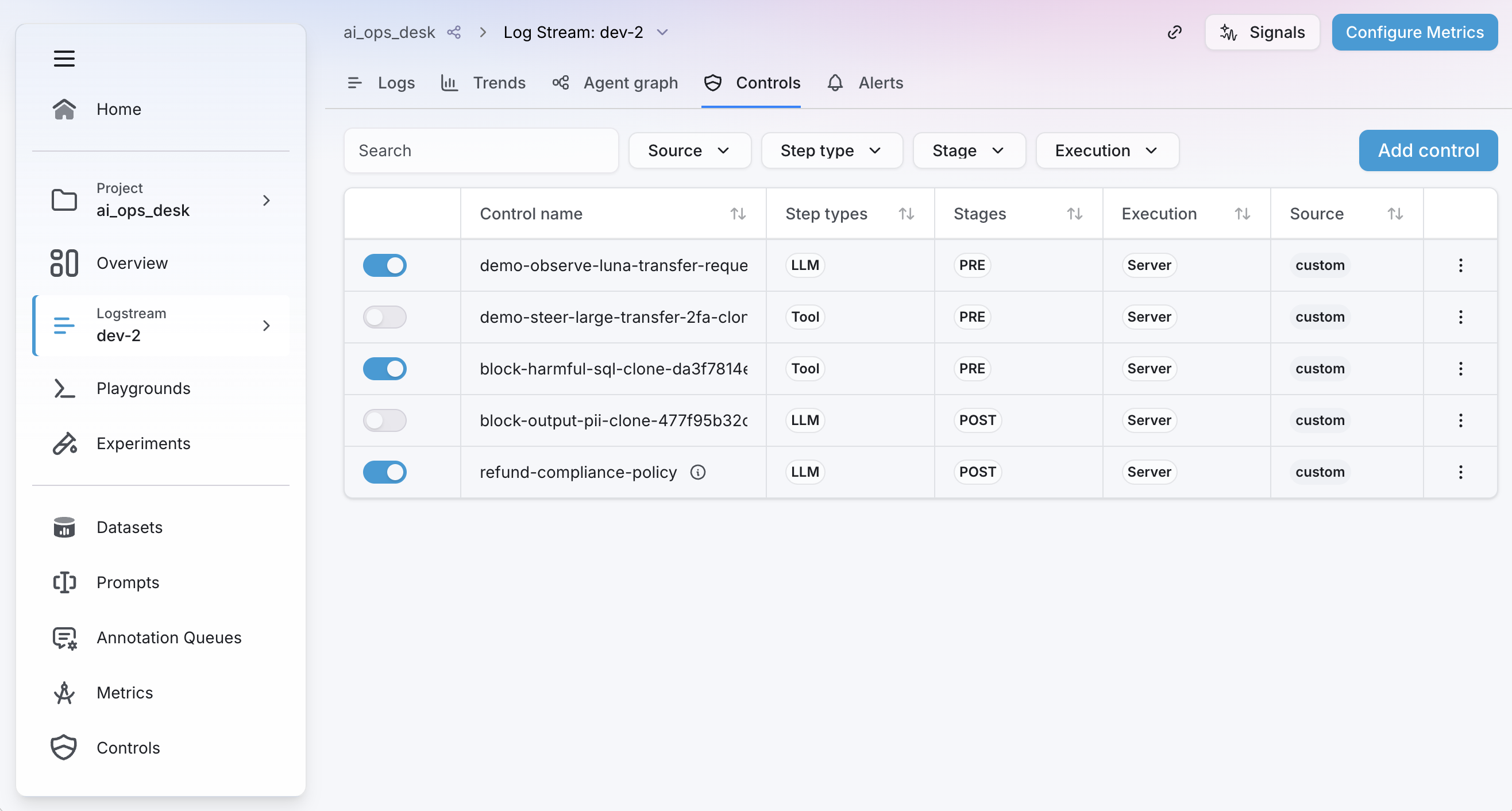 Agent control screenshot