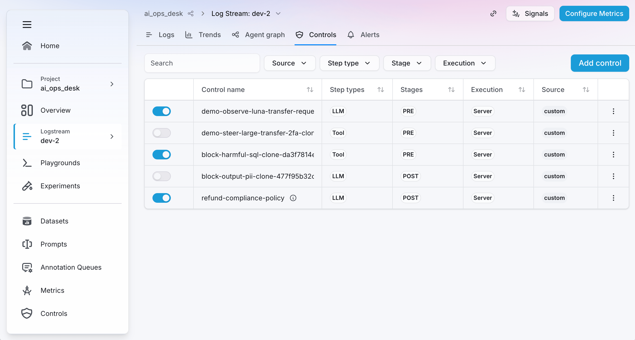 Agent control screenshot